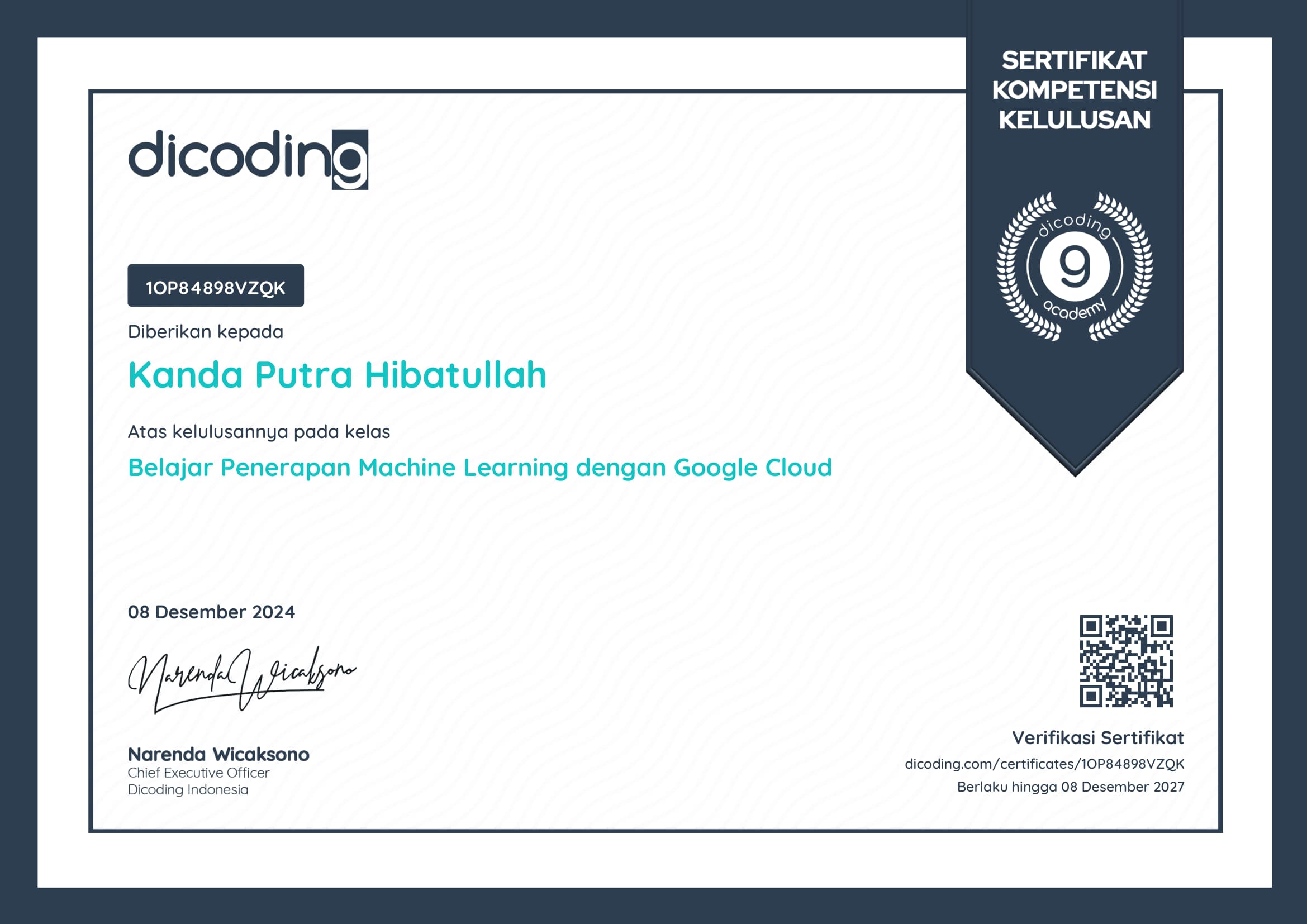 Certificate for Penerapan Machine Learning Google Cloud issued by Dicoding to Kanda Putra